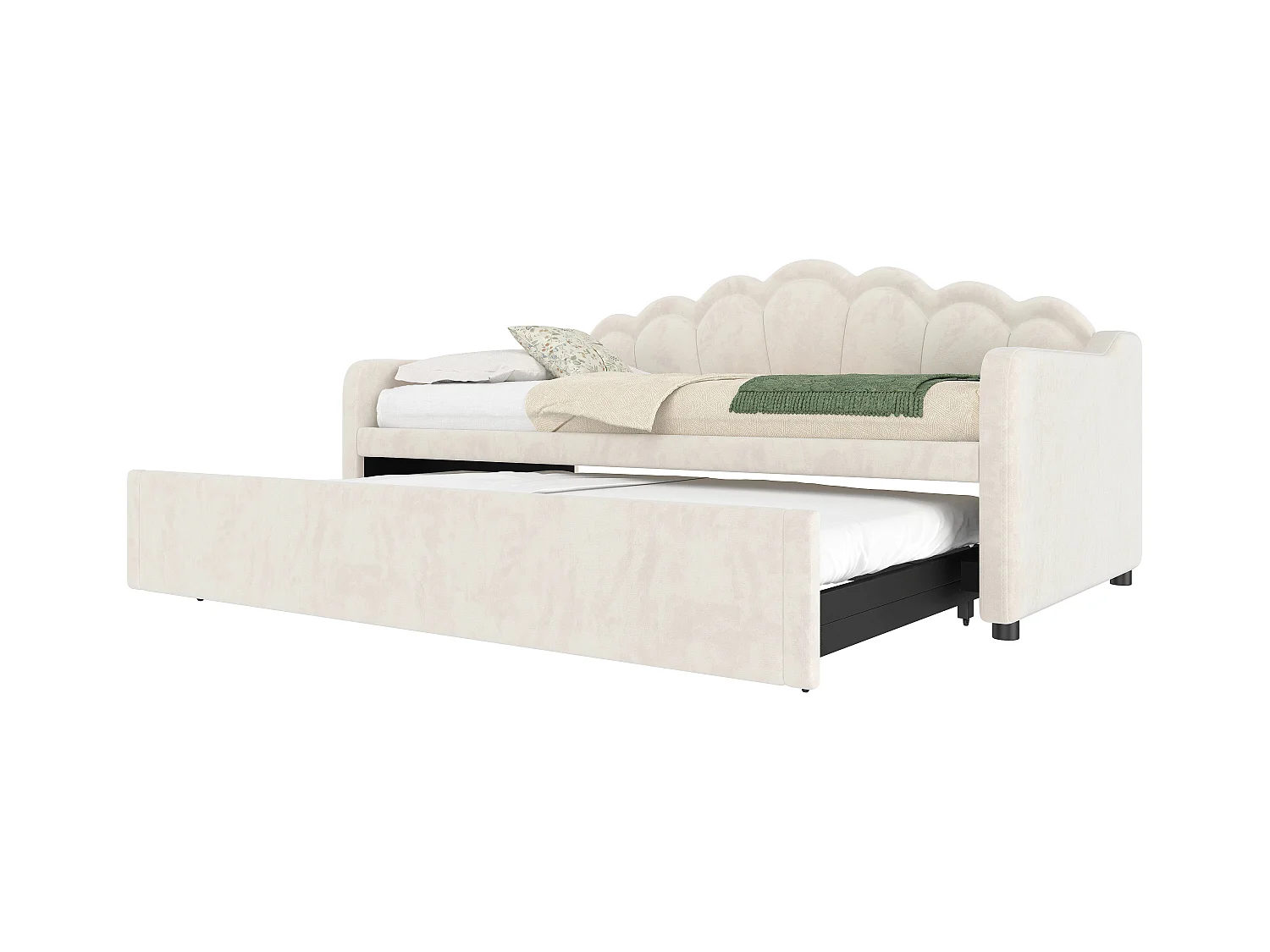 Cama nido de terciopelo beige de 90x200 cm con LED multicolor, sofá convertible y cama de matrimonio de 180x200 cm