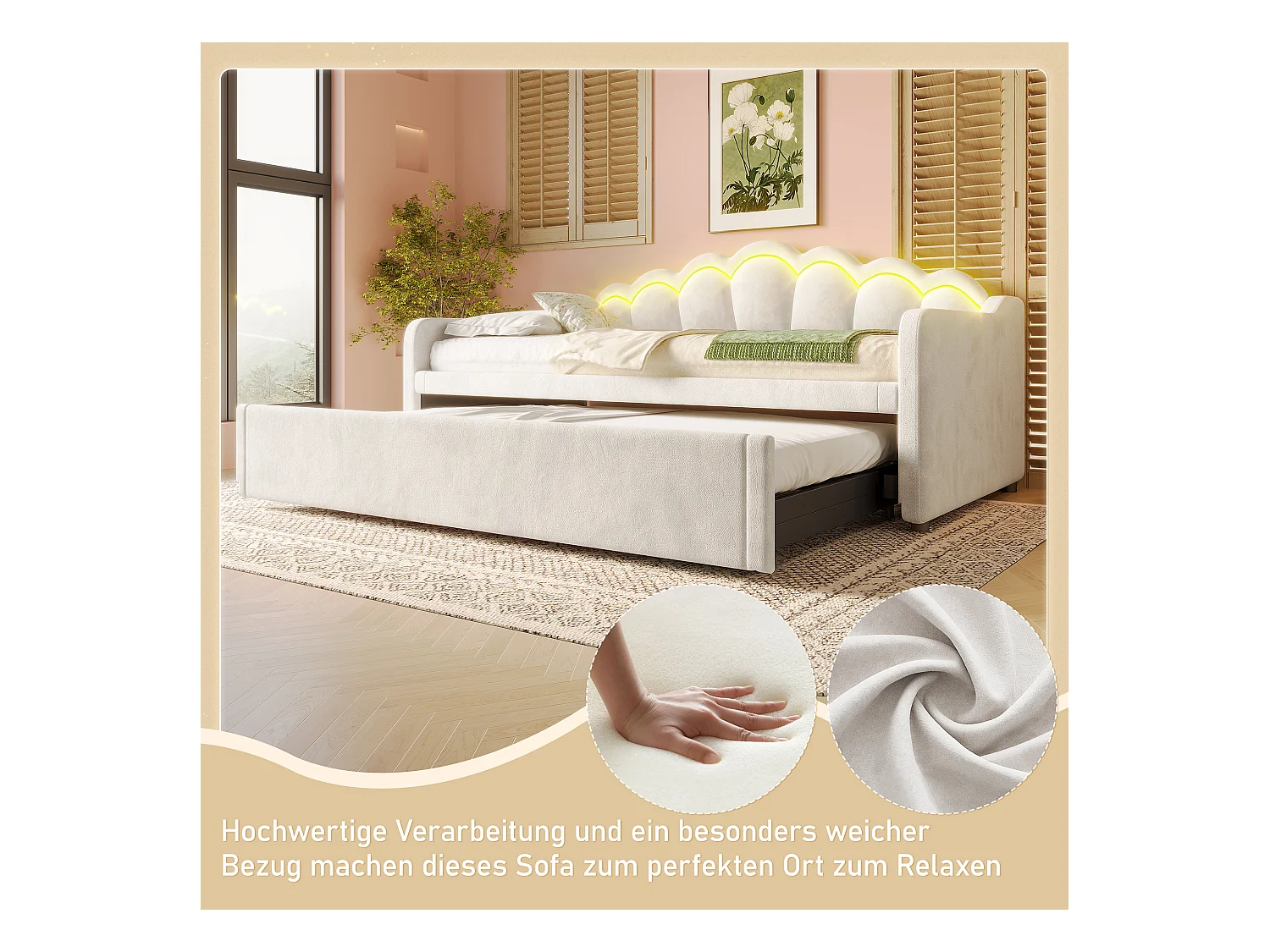 Cama nido de terciopelo beige de 90x200 cm con LED multicolor, sofá convertible y cama de matrimonio de 180x200 cm