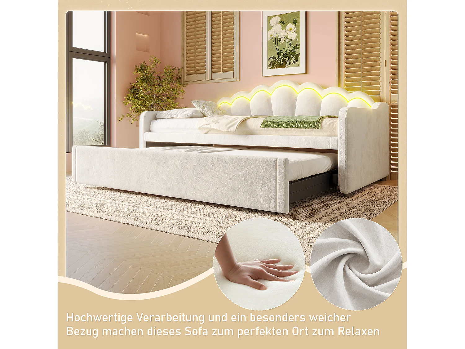 Cama de solteiro em veludo bege 90x200 cm com LED multicolorido, sofá-cama e cama de casal 180x200 cm