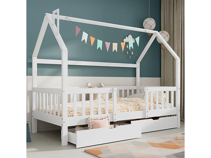 Cabane enfant illuminata 90x200 in legno pin bianco con camino e 2 cassettiera