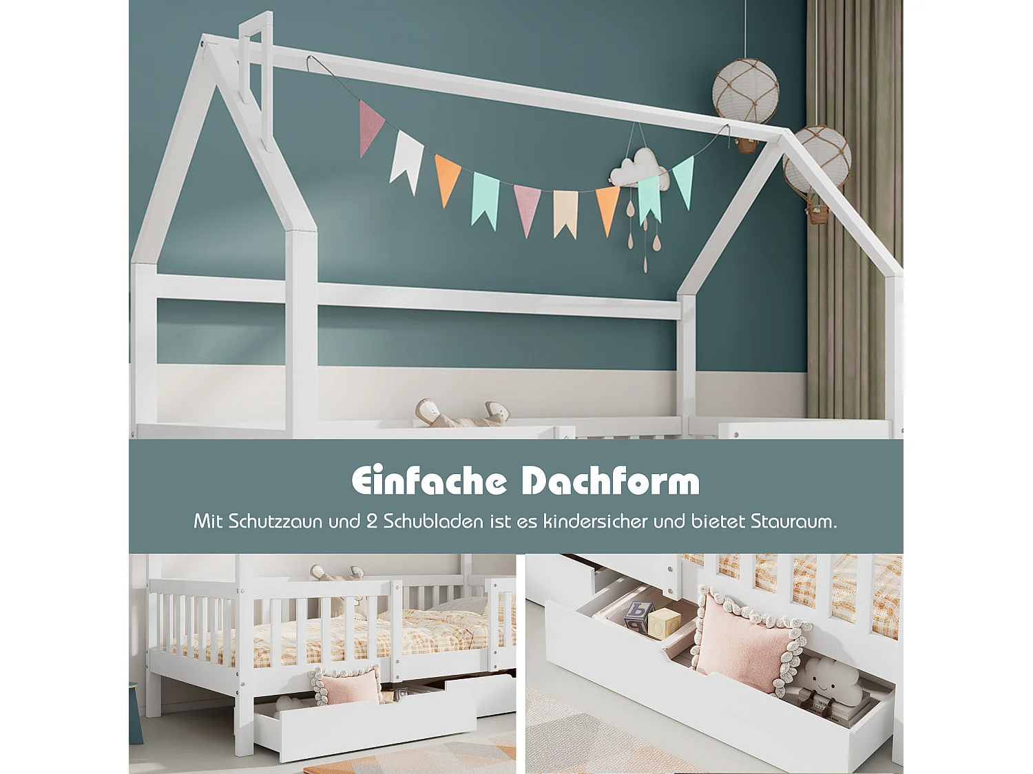 Cama infantil cabina 90x200 madera de pino blanco con techo chimenea y 2 cajones de almacenaje