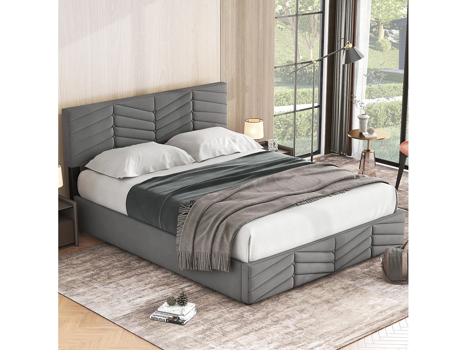 Lit double 140x200 cm in velluto grigio con testa luminosa regolabile e regolazione idraulica