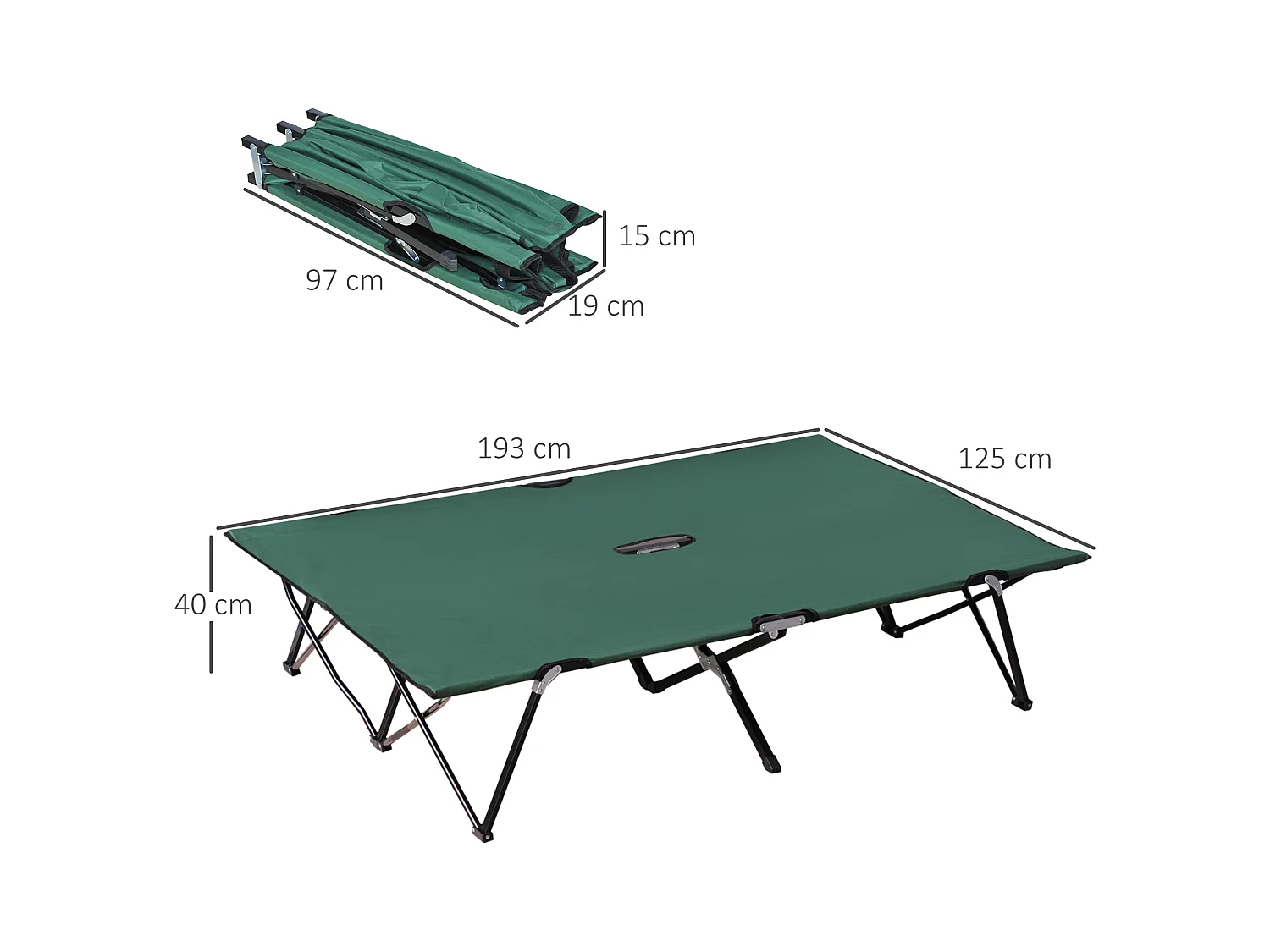 Cama de acampamento dobrável para 2 pessoas 193x125x40 cm aço e Oxford verde/preto com bolsa