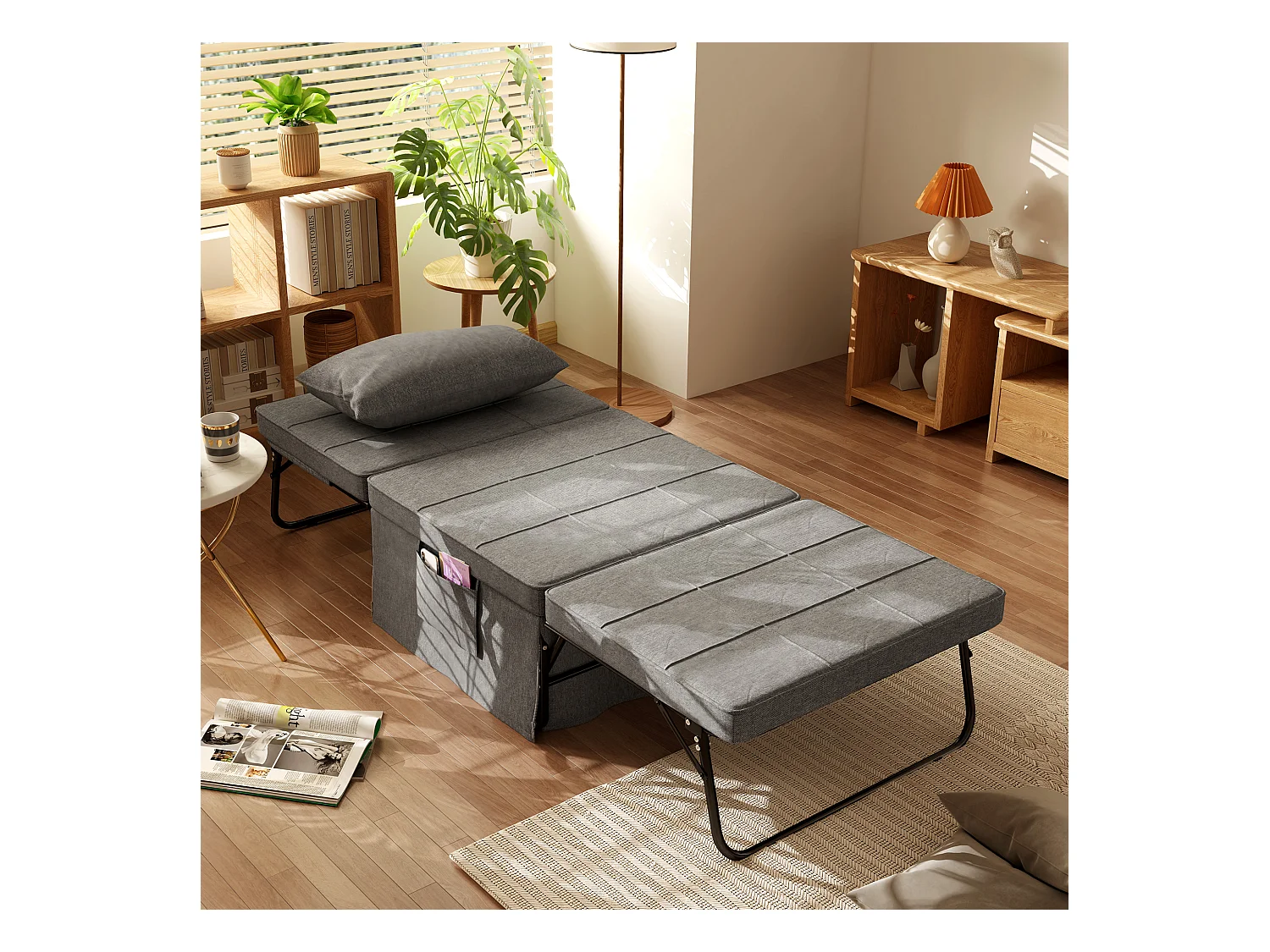 Lit d'appoint 4-en-1 188x75x38cm in acciaio e mousse, canapé, poltrona, ottomana, grigio