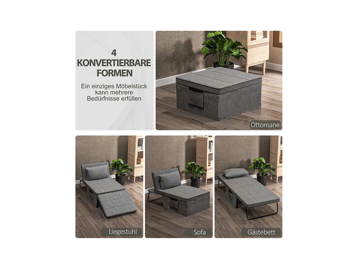 Lit d'appoint 4-en-1 188x75x38cm in acciaio e mousse, canapé, poltrona, ottomana, grigio