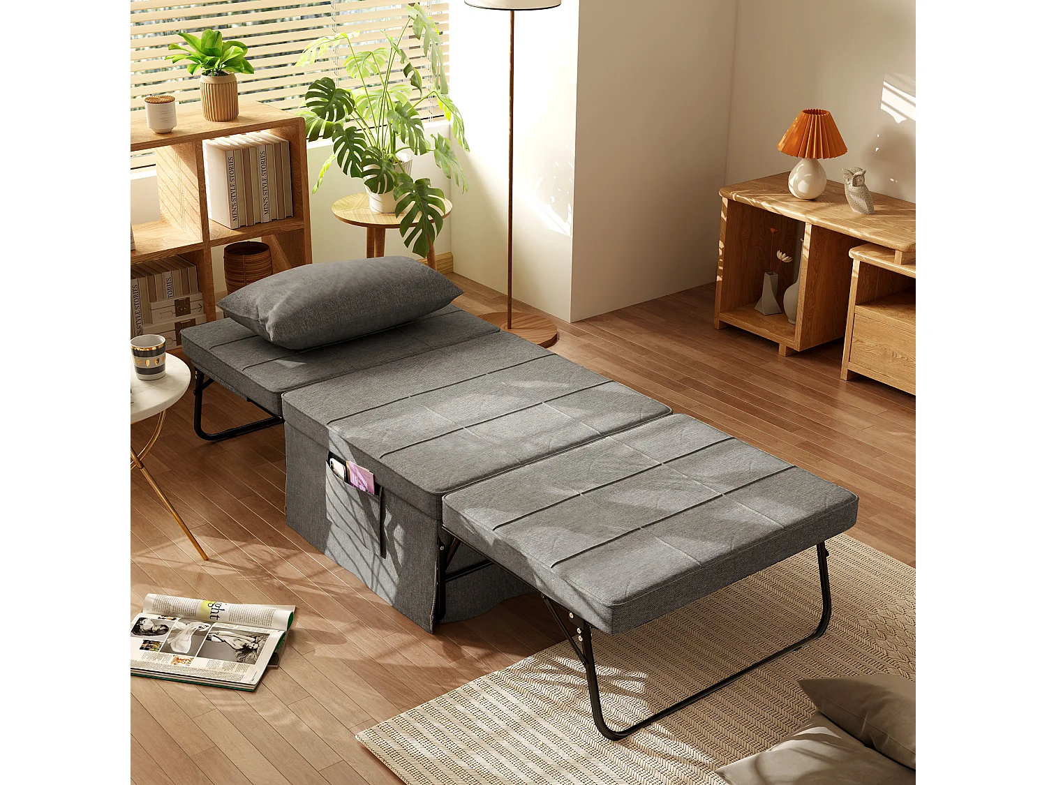 Cama de invitados 4 en 1 de acero y espuma (188 x 75 x 38 cm), sofá, sillón y otomana, color gris