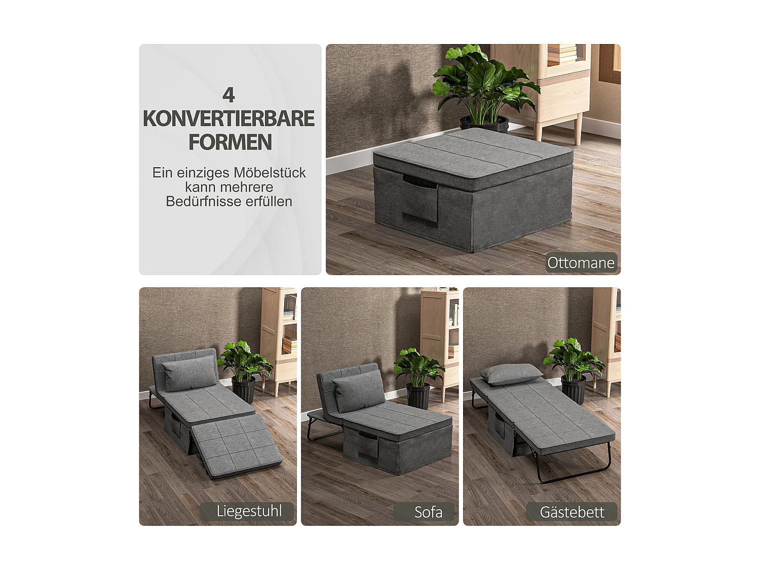 Cama de invitados 4 en 1 de acero y espuma (188 x 75 x 38 cm), sofá, sillón y otomana, color gris