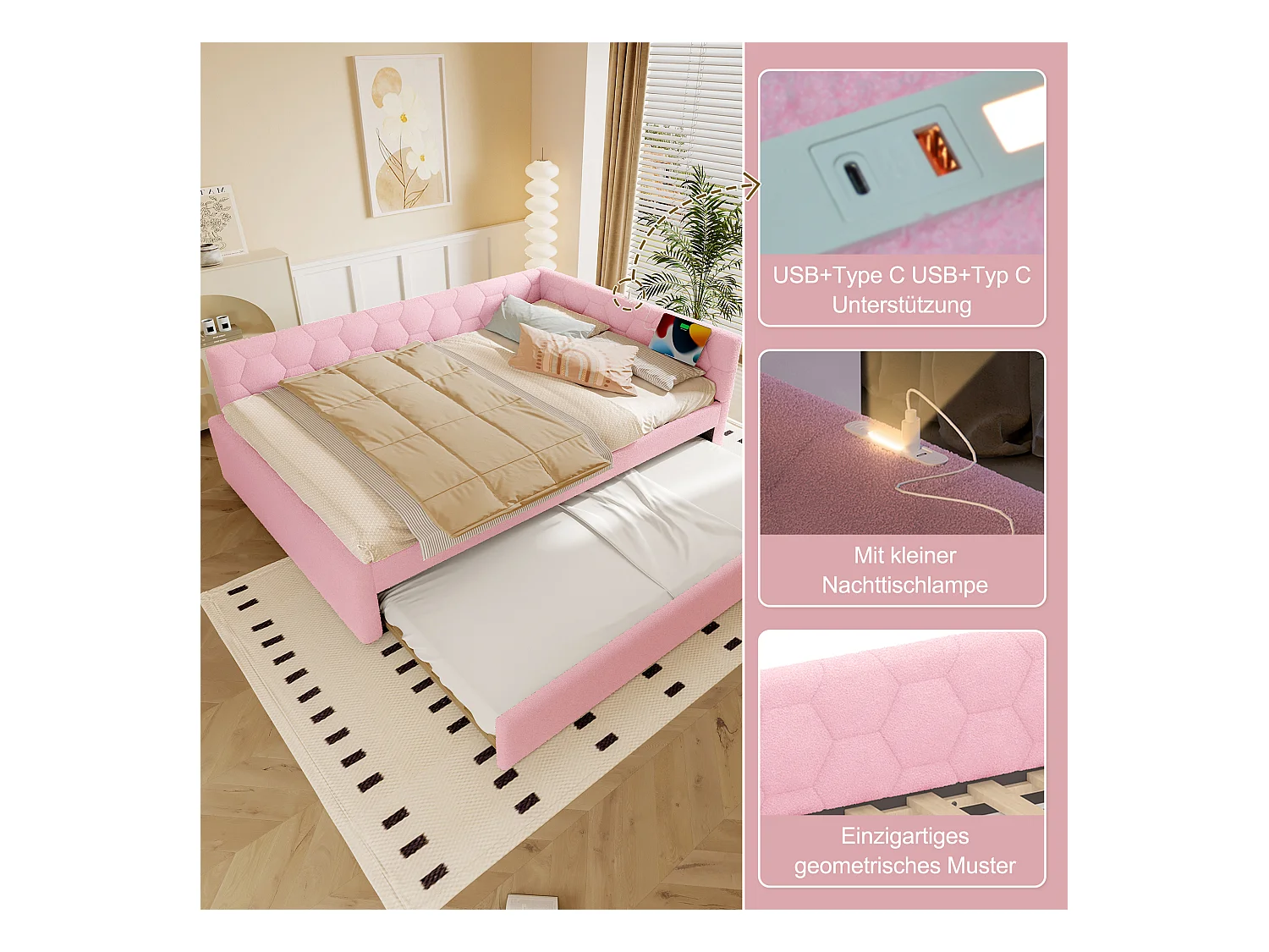 Lit gigogne 140x200 cm Vliesimitat avec tiroir extensible, lampe intégrée, USB et Type-C, rosa