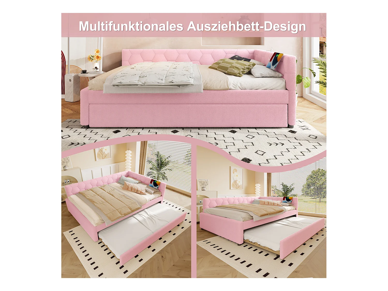 Lit gigogne 140x200 cm Vliesimitat avec tiroir extensible, lampe intégrée, USB et Type-C, rosa