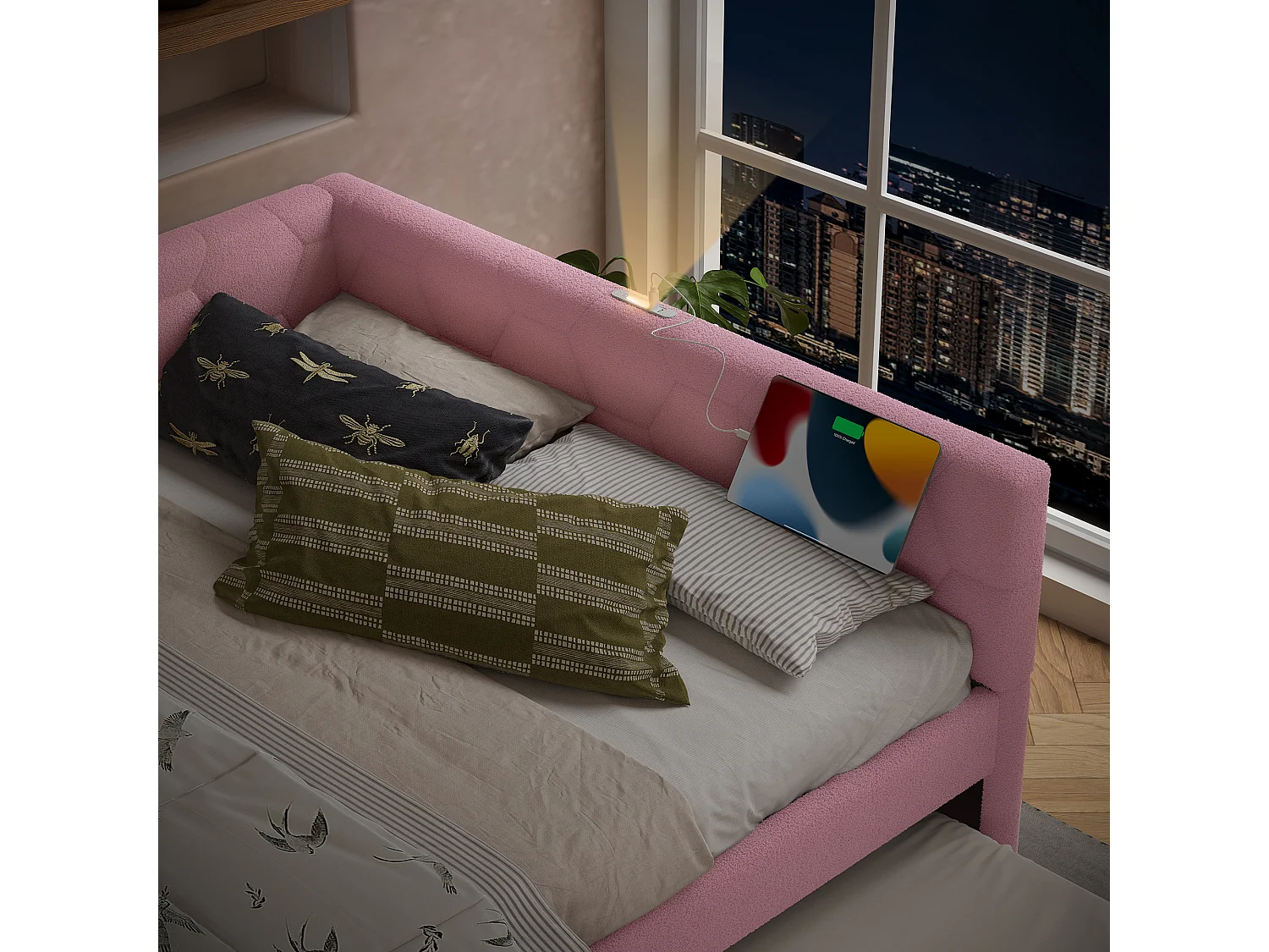 Lit gigogne 140x200 cm Vliesimitat avec tiroir extensible, lampe intégrée, USB et Type-C, rosa