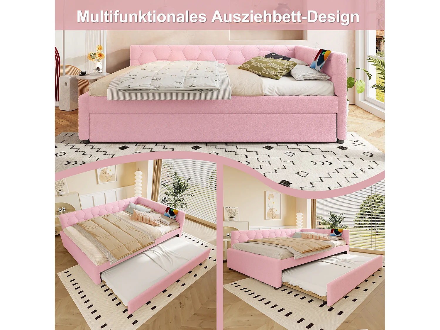 Lit gigogne 140x200 cm Vliesimitat avec tiroir extensible, lampe intégrée, USB et Type-C, rosa