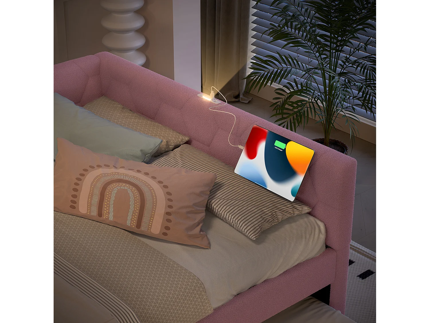 Lit gigogne 140x200 cm Vliesimitat avec tiroir extensible, lampe intégrée, USB et Type-C, rosa