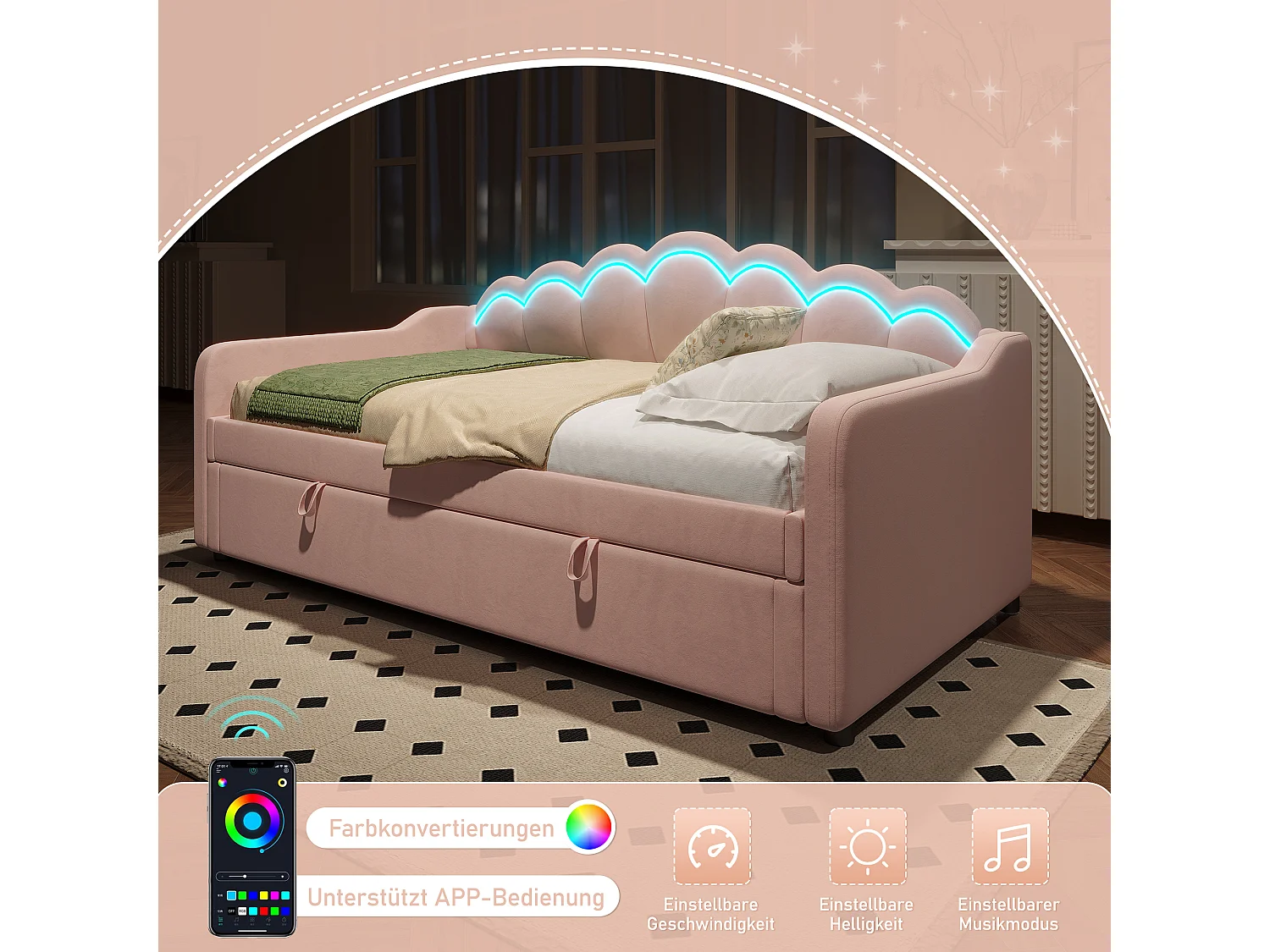 Gigante illuminato 90x200 cm in velluto rosa con LED multicolore e regolazione idraulica, canapé convertibile