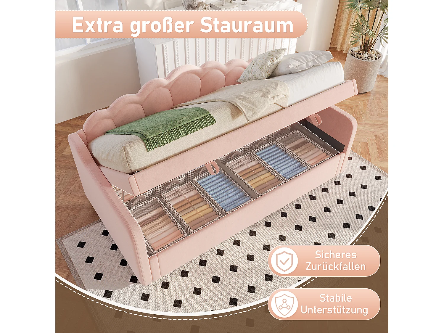 Gigante illuminato 90x200 cm in velluto rosa con LED multicolore e regolazione idraulica, canapé convertibile