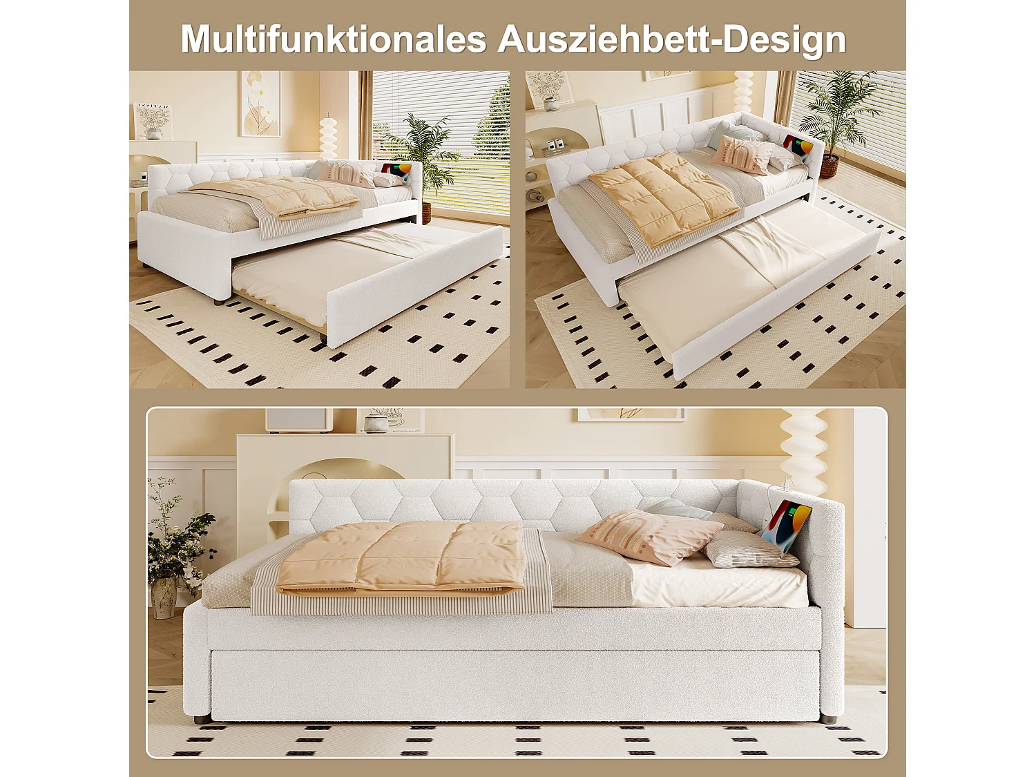 Cama nido 90x200 cm Vliesimitat con cajón extensible, lámpara integrada, USB y Tipo-C, color blanco