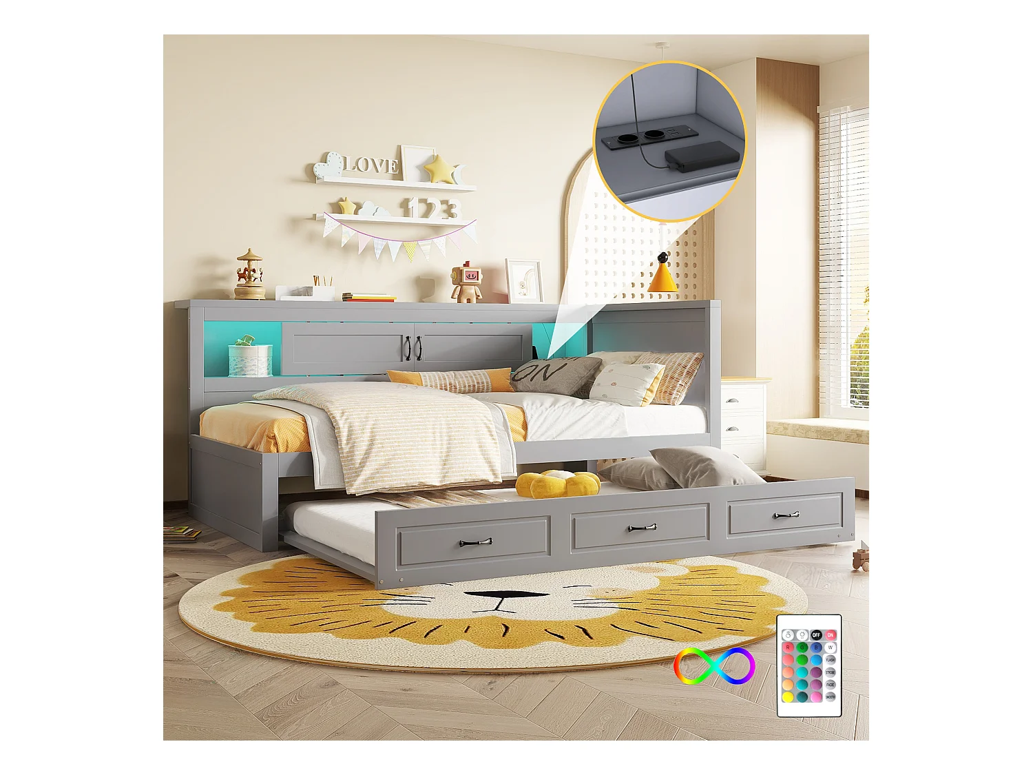 Sofá-cama 90x200 cm MDF cinza com LED integrado, cama de rodízio, gavetas e portas USB