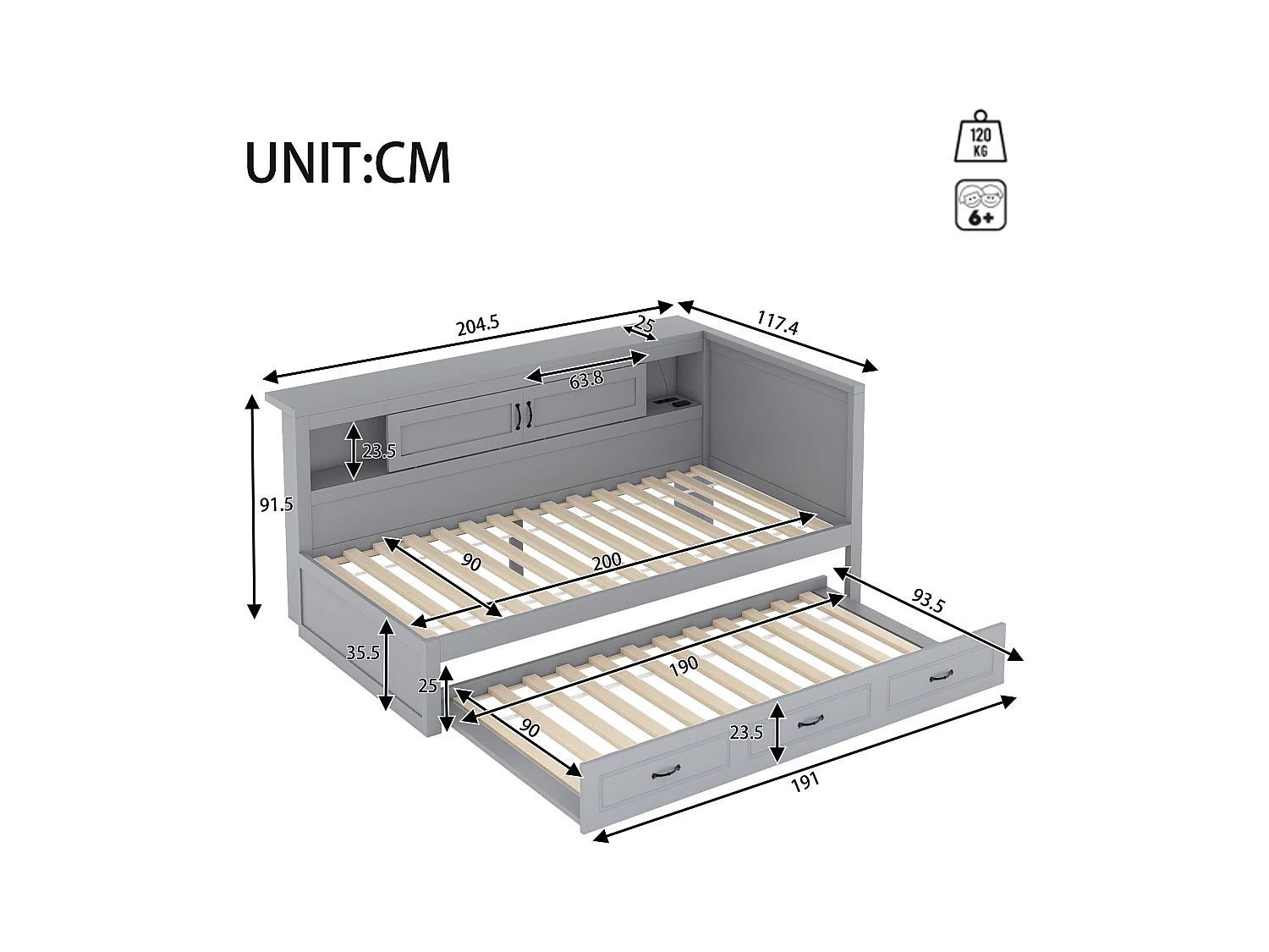 Sofá-cama 90x200 cm MDF cinza com LED integrado, cama de rodízio, gavetas e portas USB