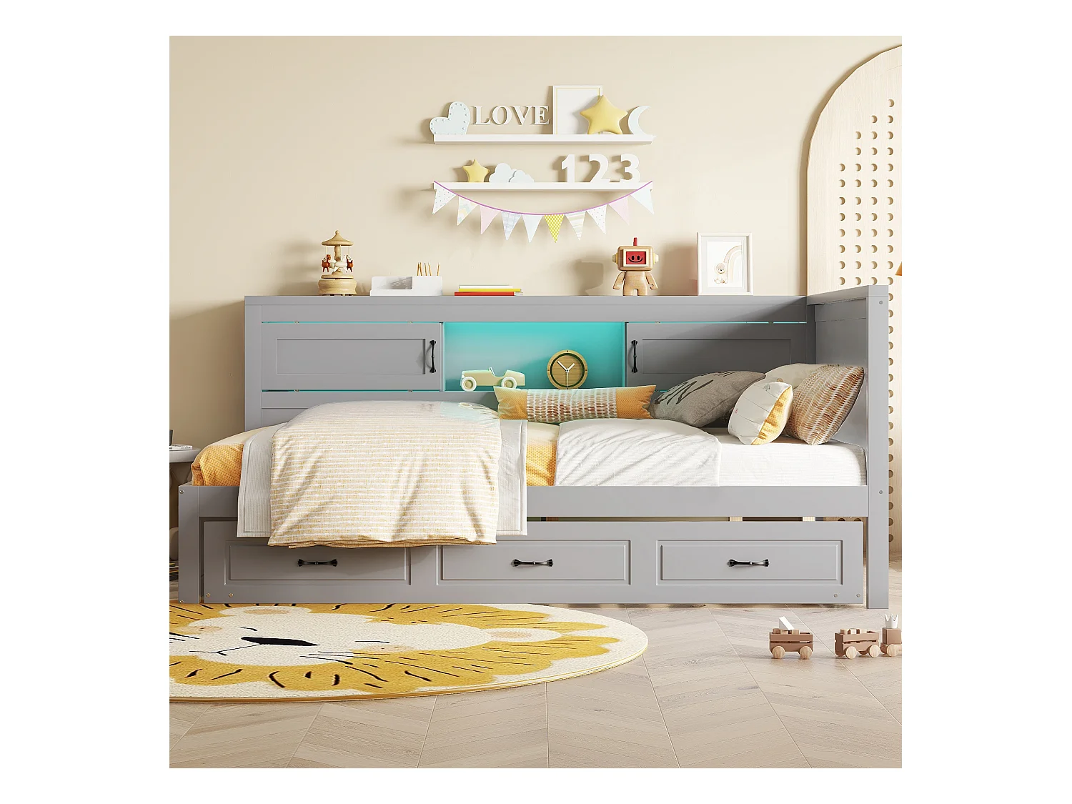 Sofá-cama 90x200 cm MDF cinza com LED integrado, cama de rodízio, gavetas e portas USB