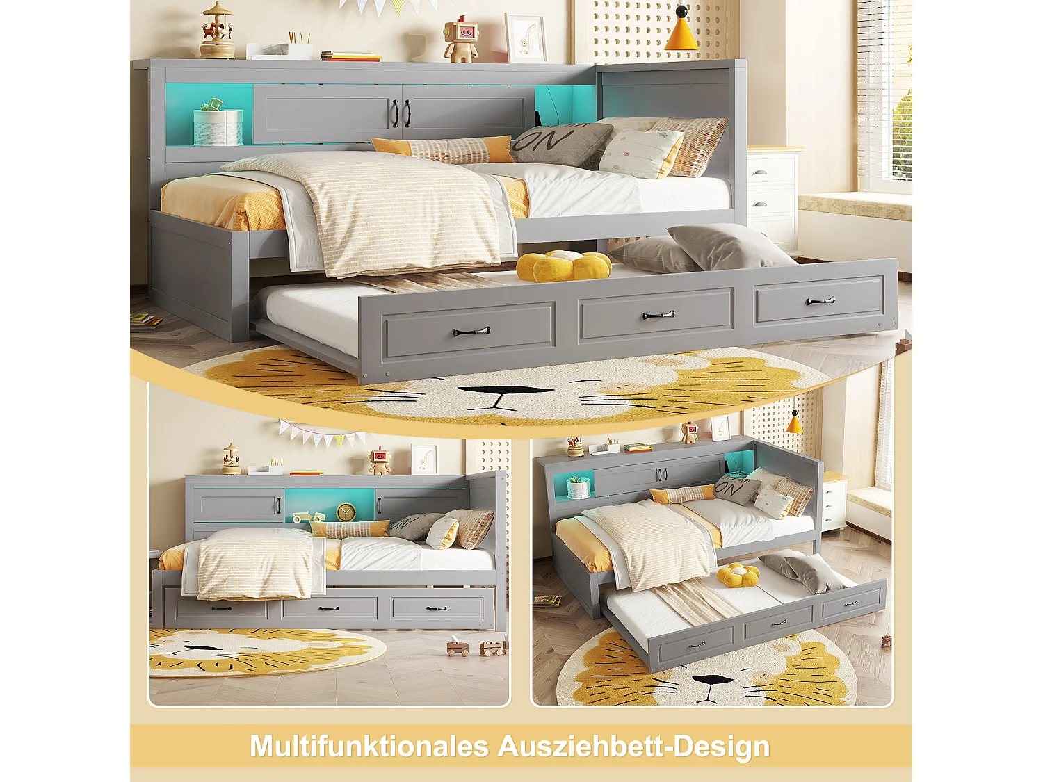 Sofá-cama 90x200 cm MDF cinza com LED integrado, cama de rodízio, gavetas e portas USB