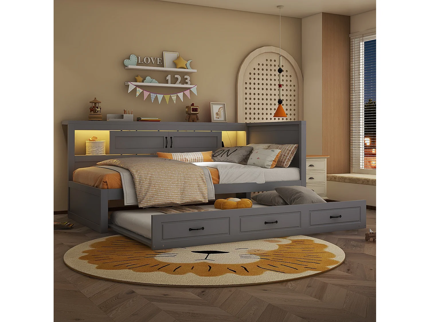 Canapé illuminato 90x200 cm MDF grigio con LED integrato, gigogne illuminata, cassetti e porte USB