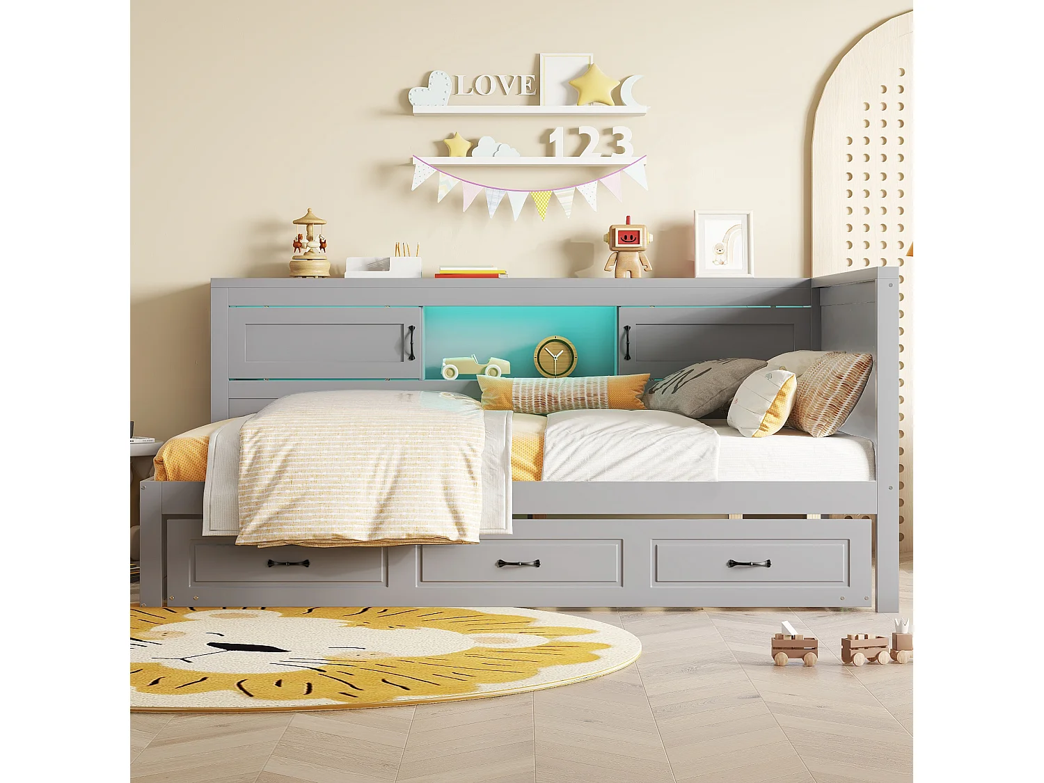 Canapé illuminato 90x200 cm MDF grigio con LED integrato, gigogne illuminata, cassetti e porte USB