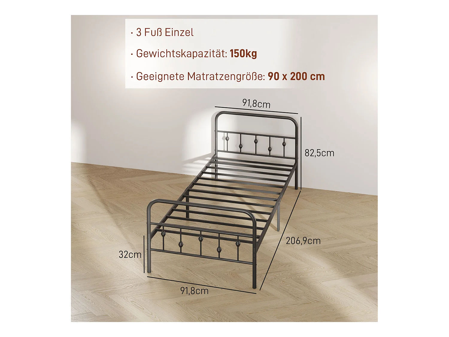 Estructura de cama plegable 200x90 cm en metal, altura 82,5 cm, robusta y práctica, Color Negro