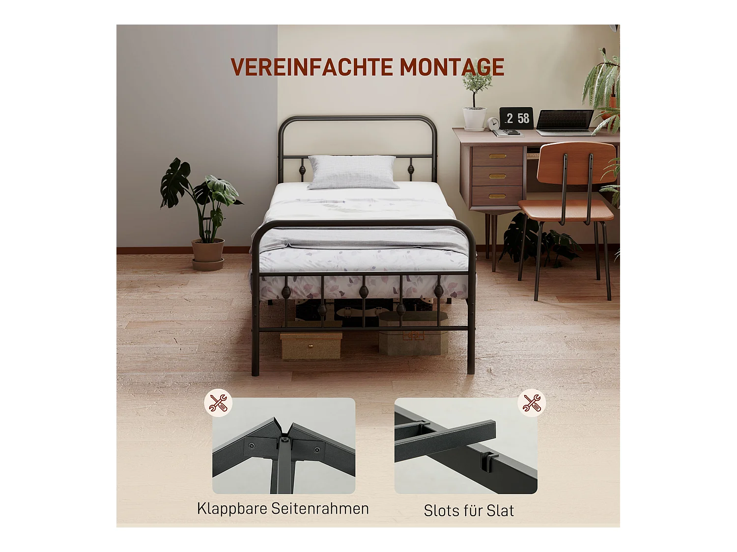 Estructura de cama plegable 200x90 cm en metal, altura 82,5 cm, robusta y práctica, Color Negro