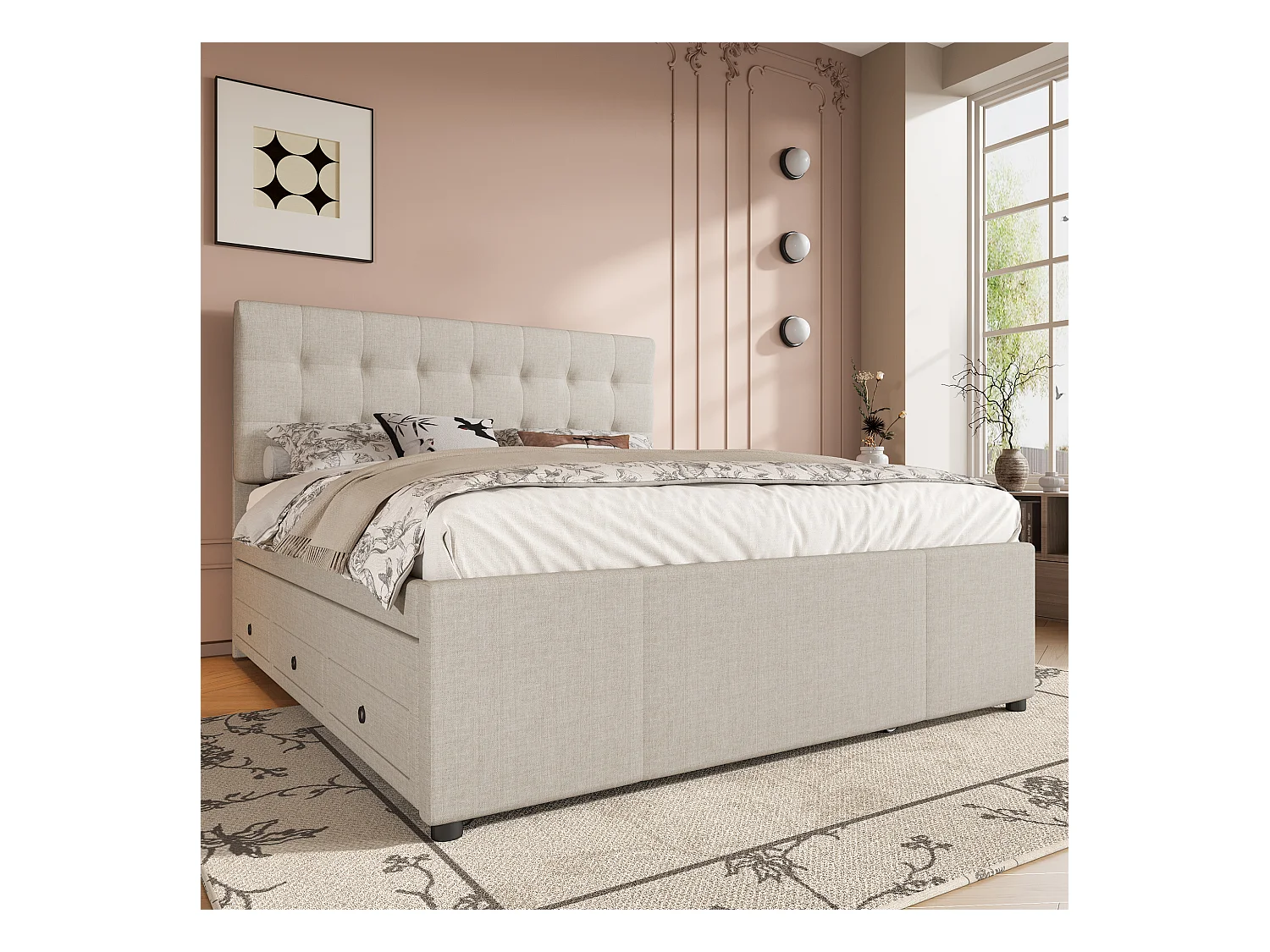 Lit double 140x200 tessuto con tiroirs et lit escamotable tête réglable beige