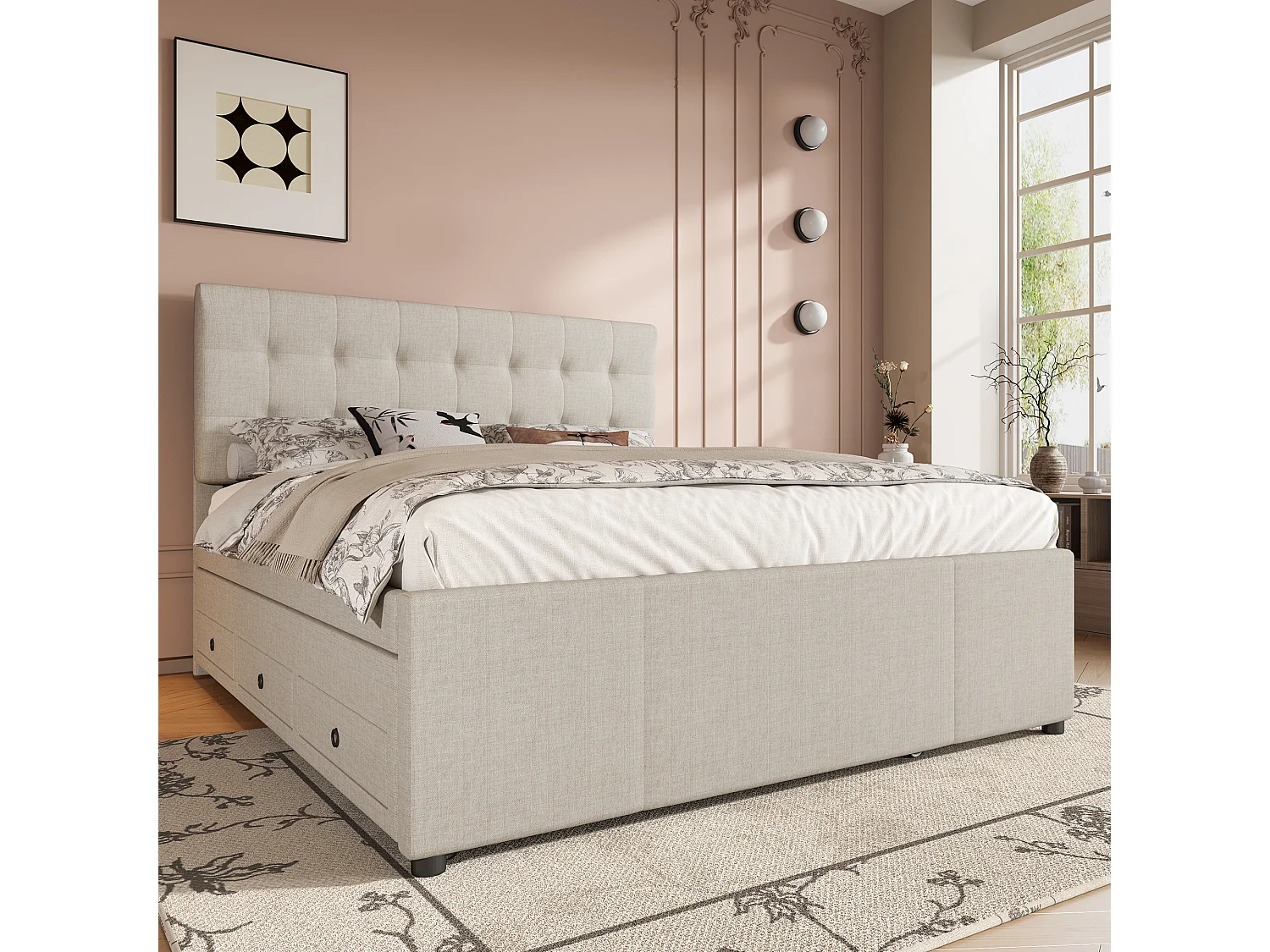 Cama de casal 140x200 tecido com gavetas e cabeceira regulável bege