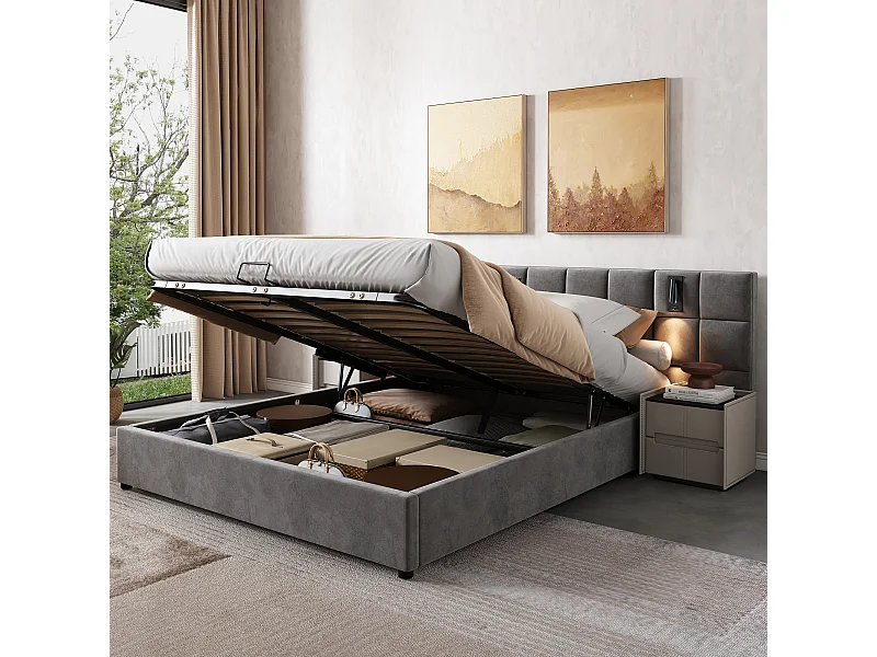 Cama de casal 160x200 veludo cinza com armazenamento hidráulico, cabeceira ampla, candeeiro e USB