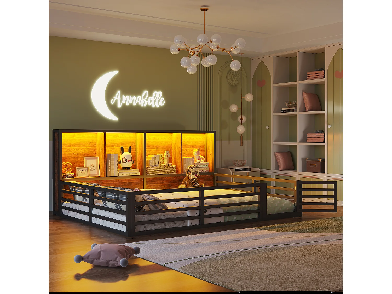 Cama com grades 140x200 cm metal MDF com arrumação LED sofá-cama preto