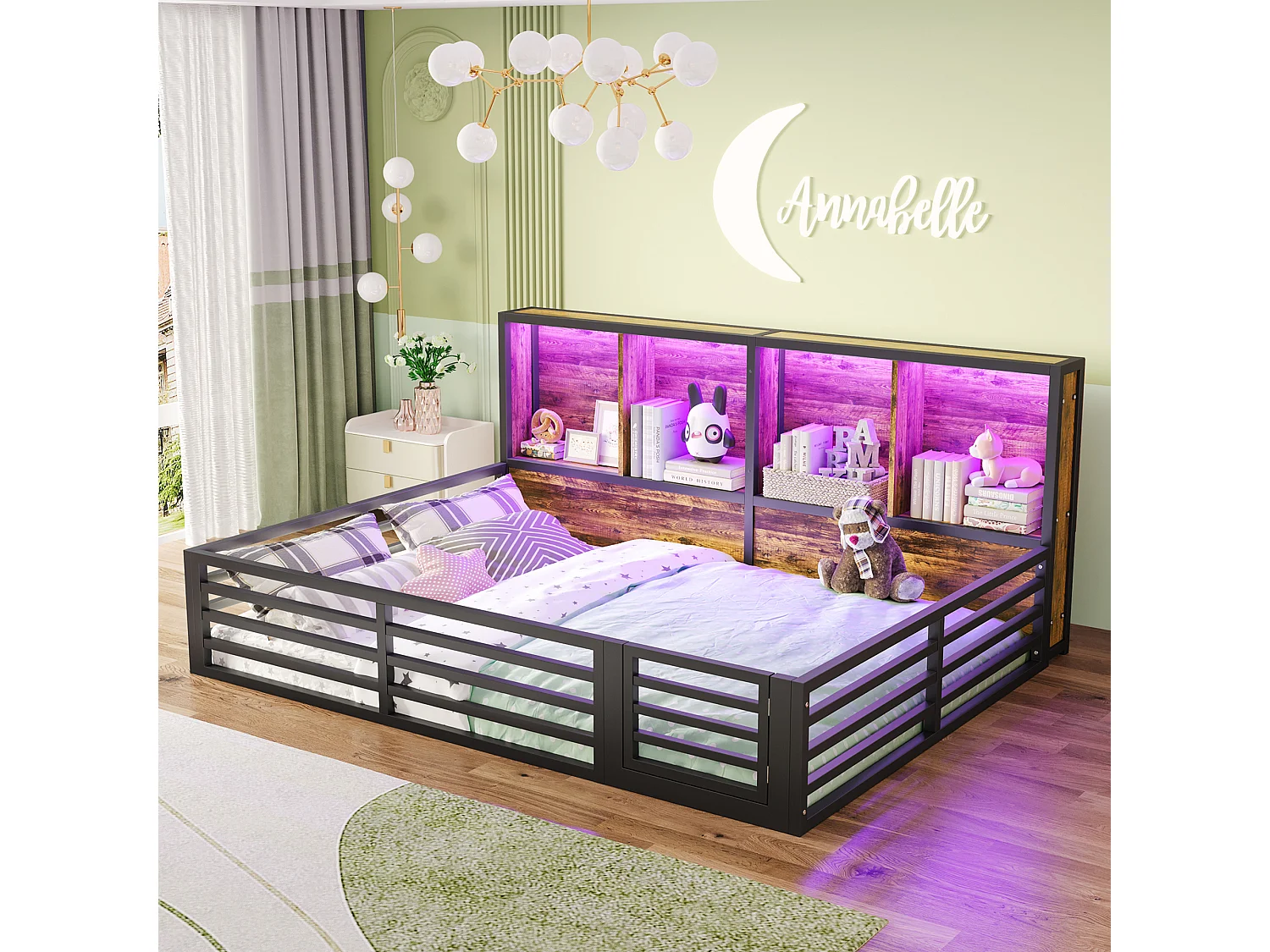 Cama com grades 140x200 cm metal MDF com arrumação LED sofá-cama preto