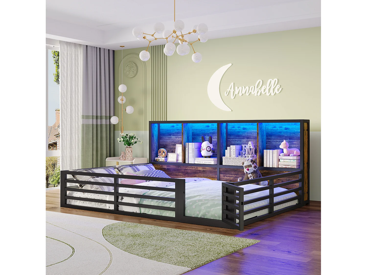 Cama com grades 140x200 cm metal MDF com arrumação LED sofá-cama preto