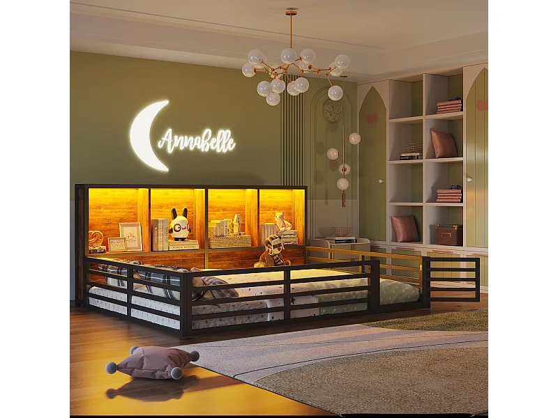 Cama com grades 140x200 cm metal MDF com arrumação LED sofá-cama preto