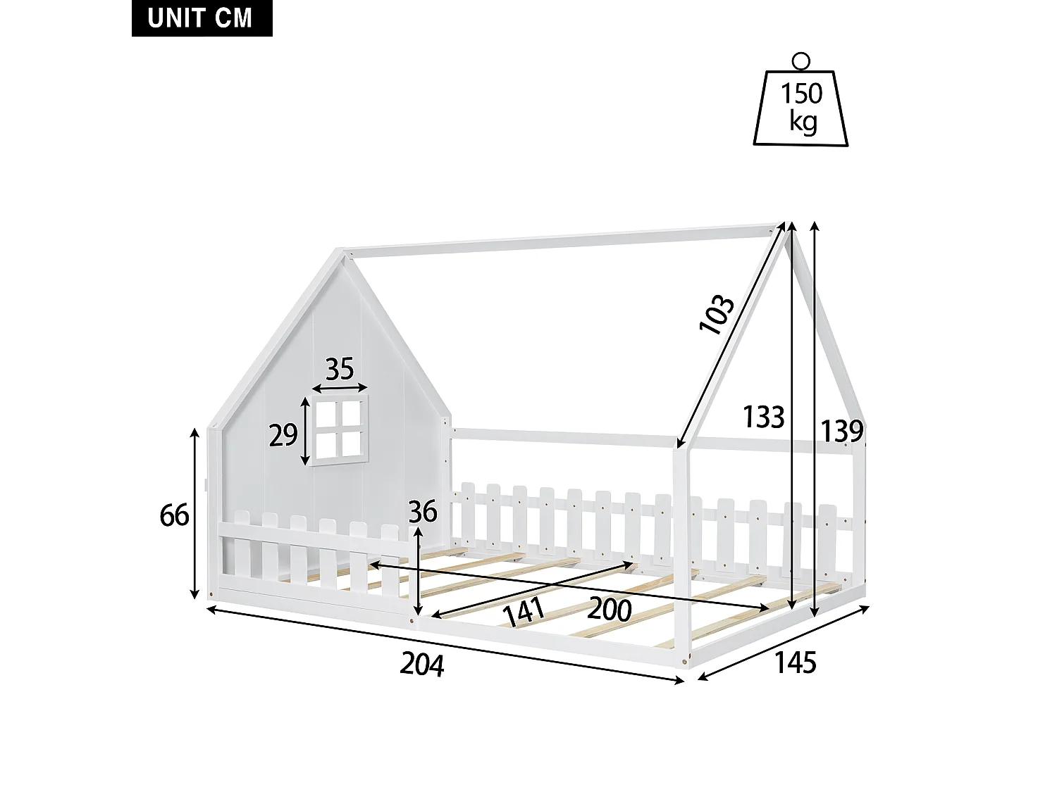 Cama de cabine infantil 140x200 cm madeira maciça com barreira branca