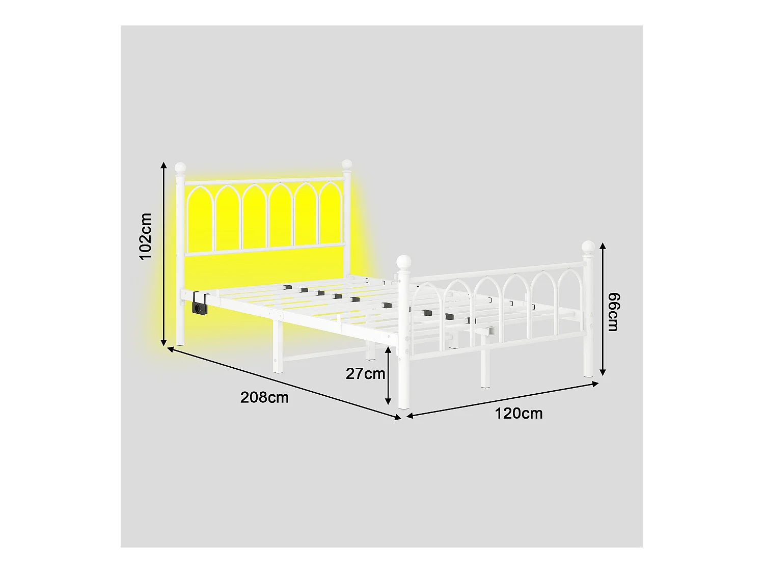 Lit 120x200 cm metallo tête et pied vintage LED USB rangement bianco