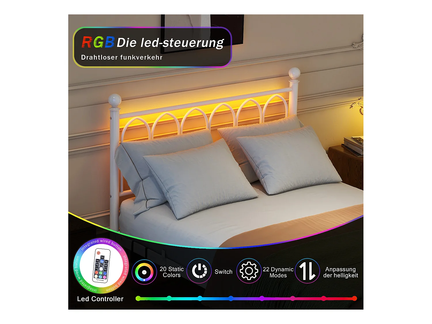 Lit 120x200 cm metallo tête et pied vintage LED USB rangement bianco