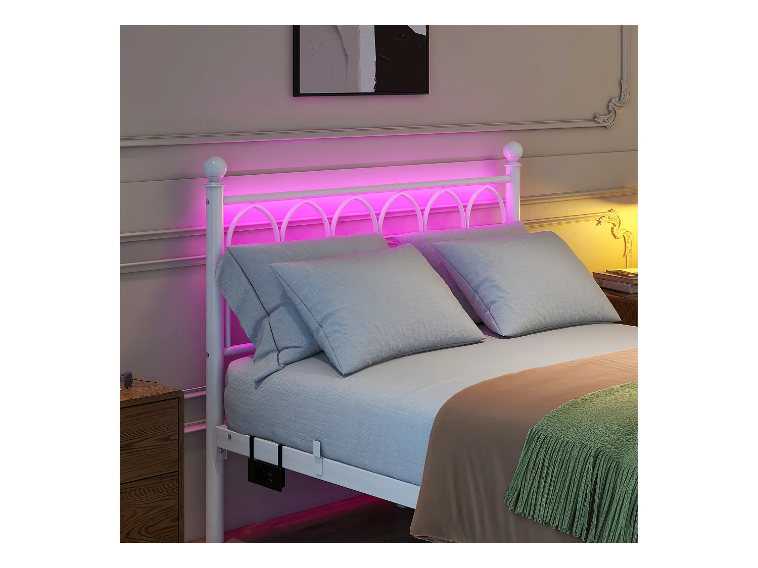 Lit 120x200 cm metallo tête et pied vintage LED USB rangement bianco