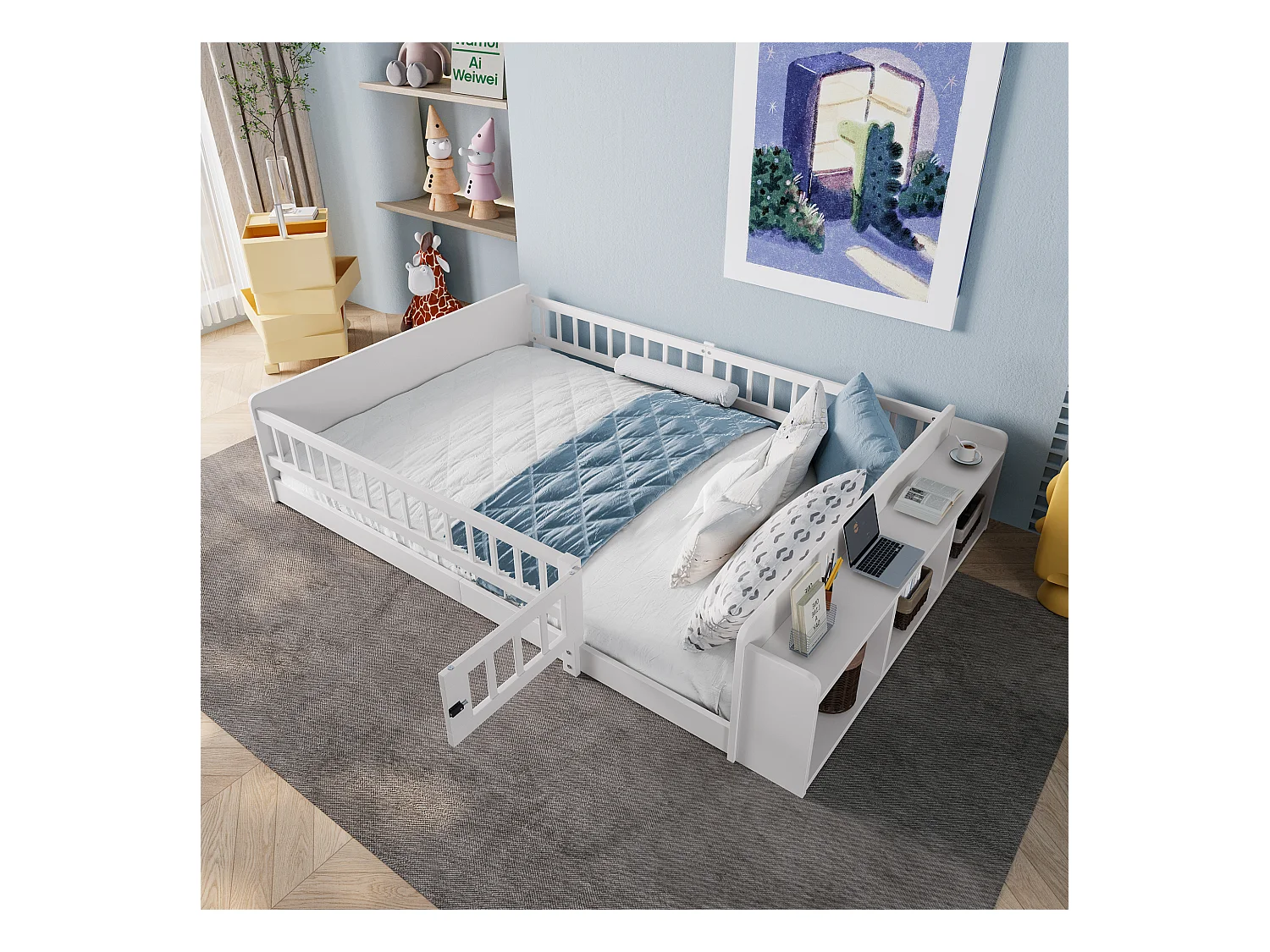 Lit enfant 140x200 bois massif con rangement ouvert étagères sécurité blanc