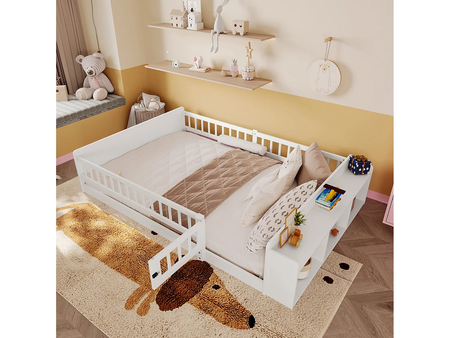 Lit enfant 140x200 bois massif con rangement ouvert étagères sécurité blanc