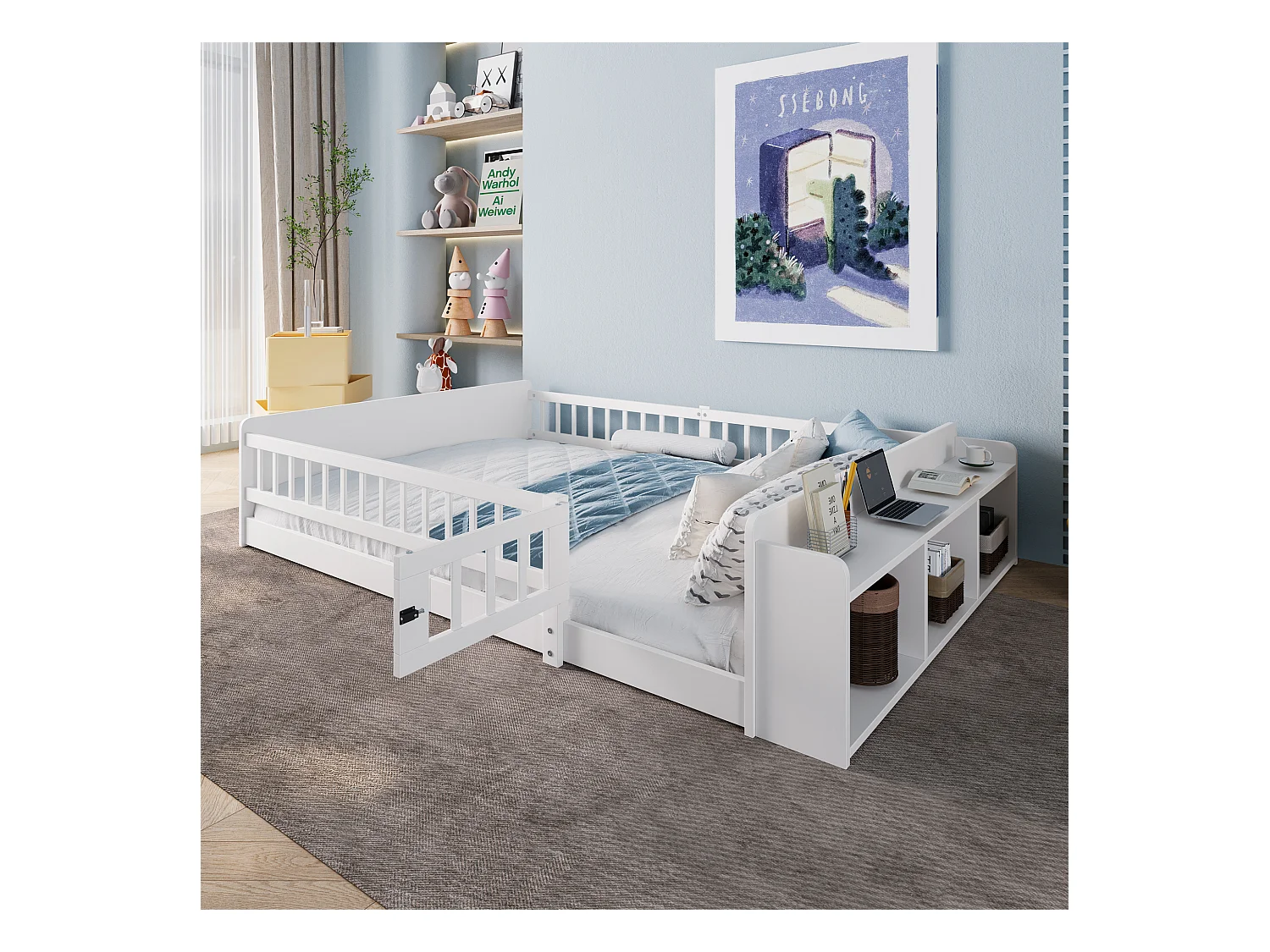 Lit enfant 140x200 bois massif avec rangement ouvert étagères sécurité blanc