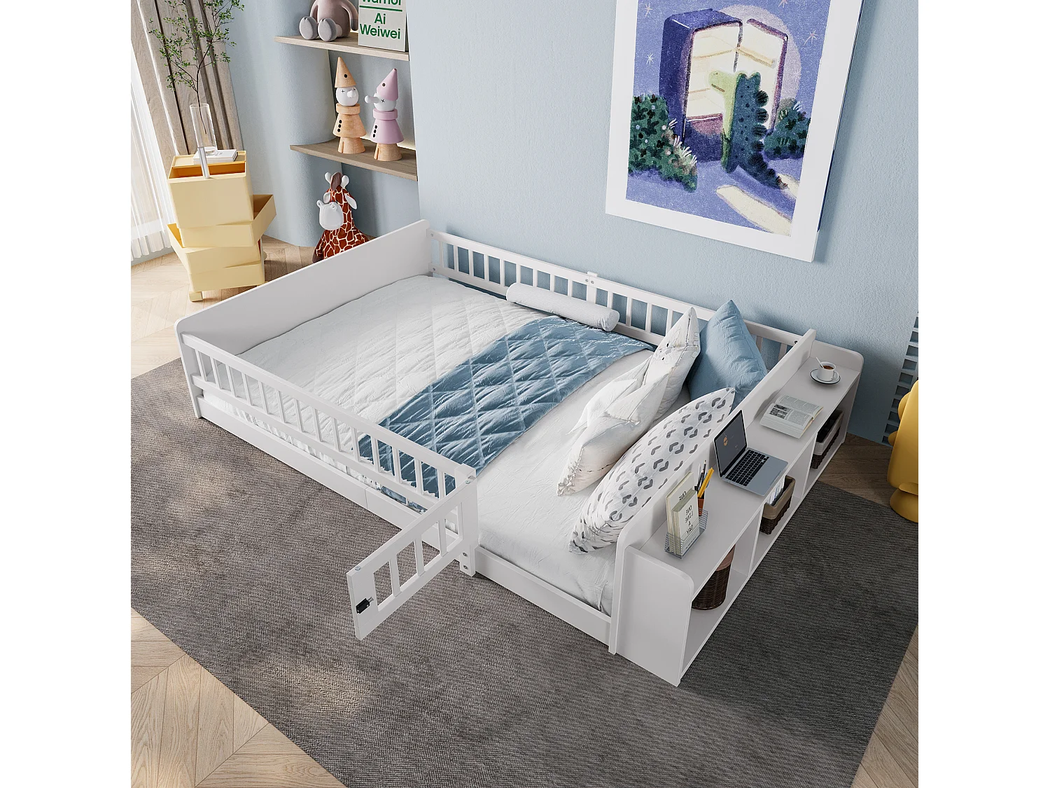Lit enfant 140x200 bois massif con rangement ouvert étagères sécurité blanc