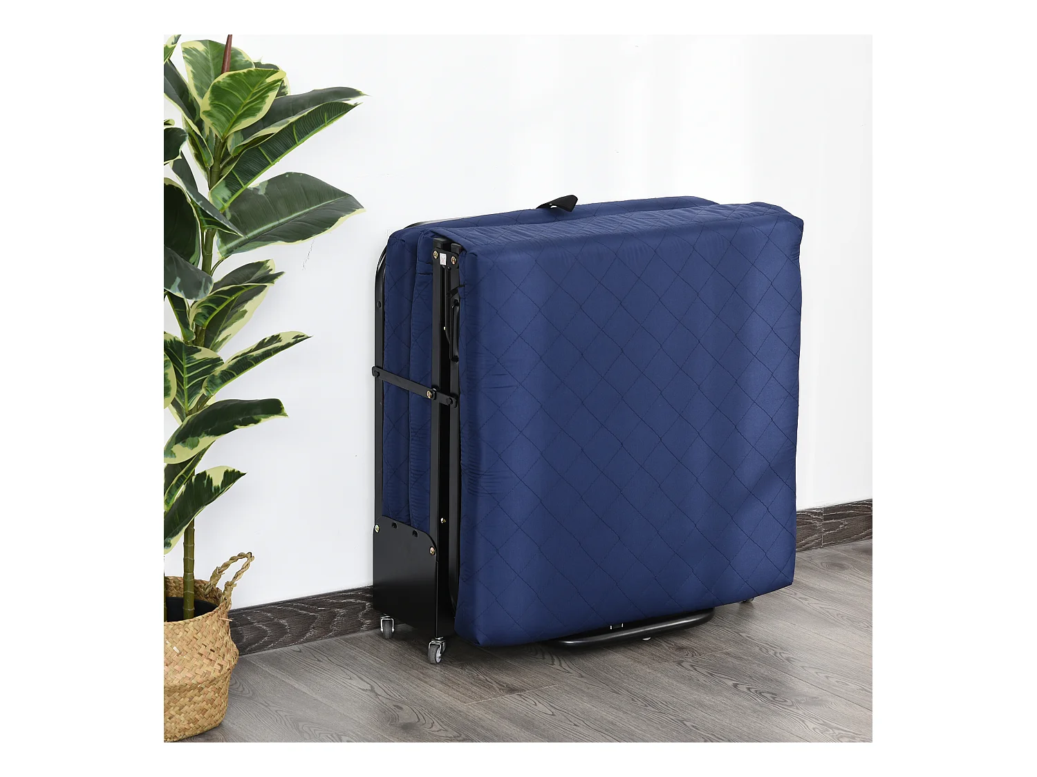 Lit d’appoint pliant 184x65x26cm en acier et mousse, tête réglable, roulettes, Bleu