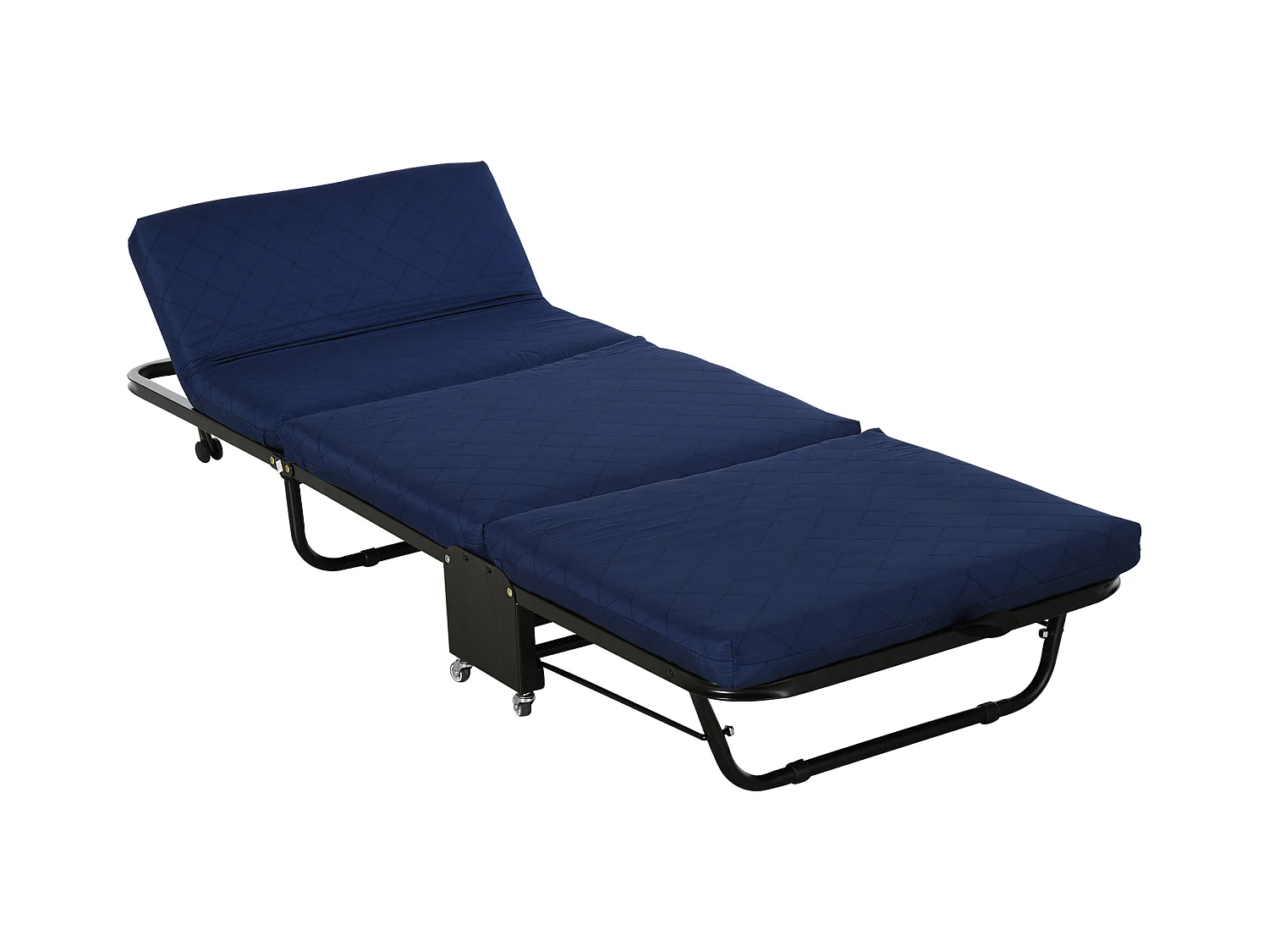 Lit d’appoint pliant 184x65x26cm en acier et mousse, tête réglable, roulettes, Bleu