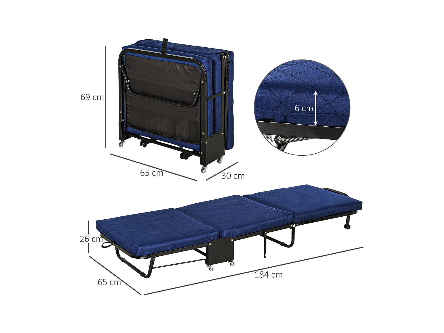 Lit d’appoint pliant 184x65x26cm en acier et mousse, tête réglable, roulettes, Bleu