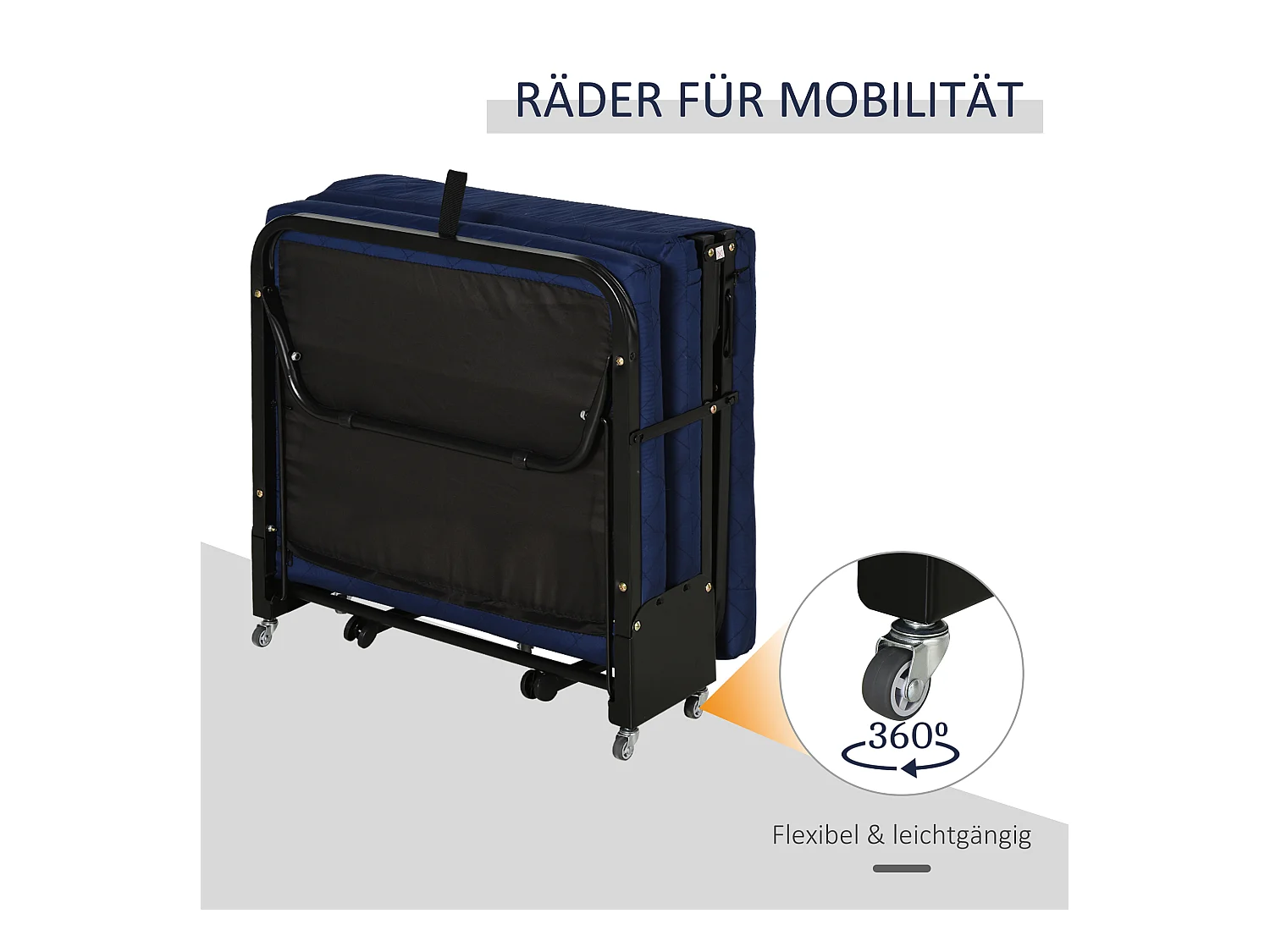 Lit d’appoint pliant 184x65x26cm en acier et mousse, tête réglable, roulettes, Bleu