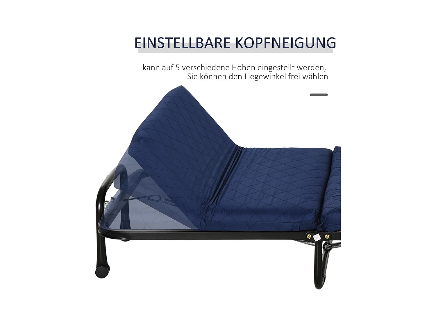 Lit d’appoint pliant 184x65x26cm en acier et mousse, tête réglable, roulettes, Bleu