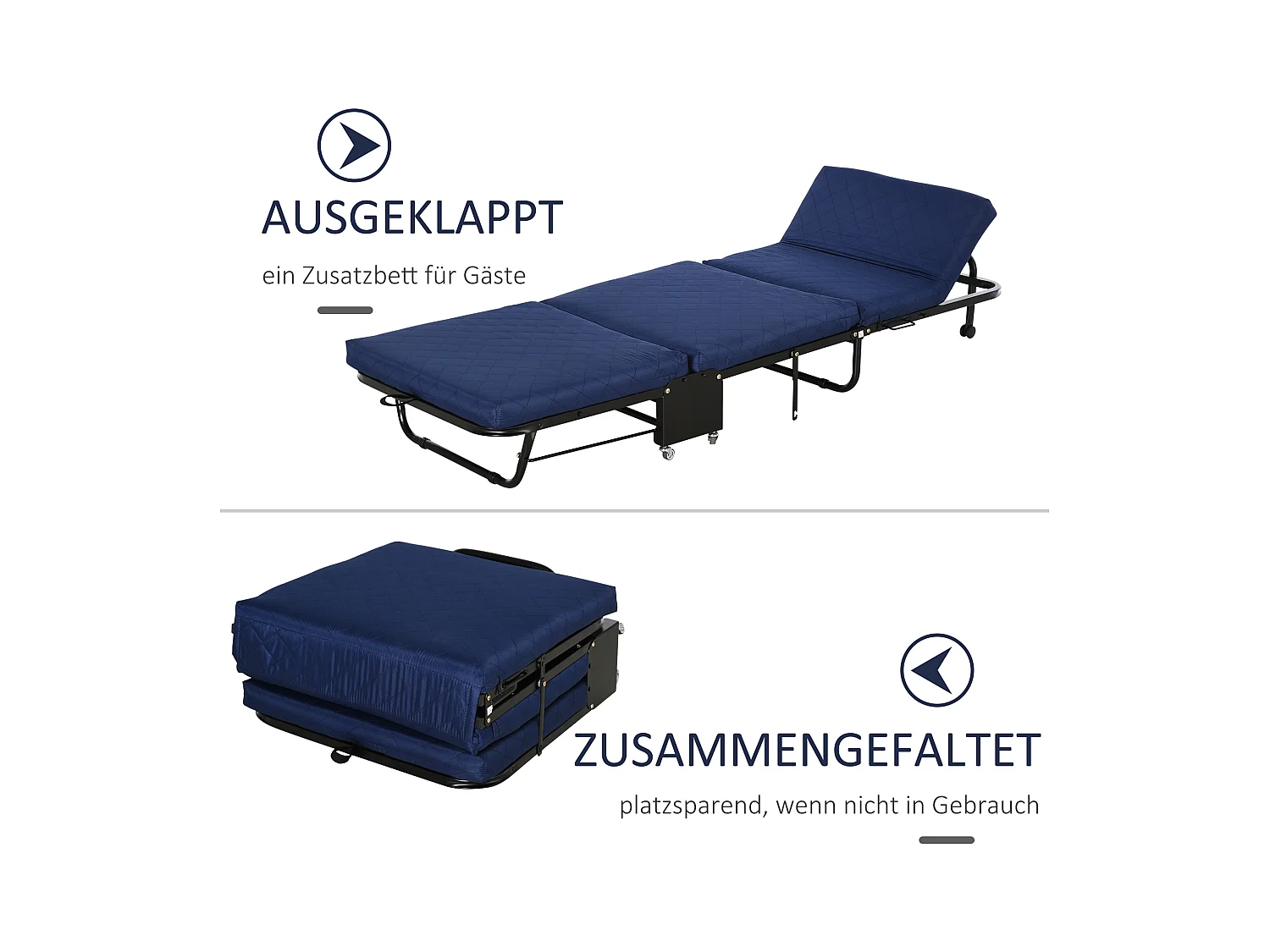 Lit d’appoint pliant 184x65x26cm en acier et mousse, tête réglable, roulettes, Bleu