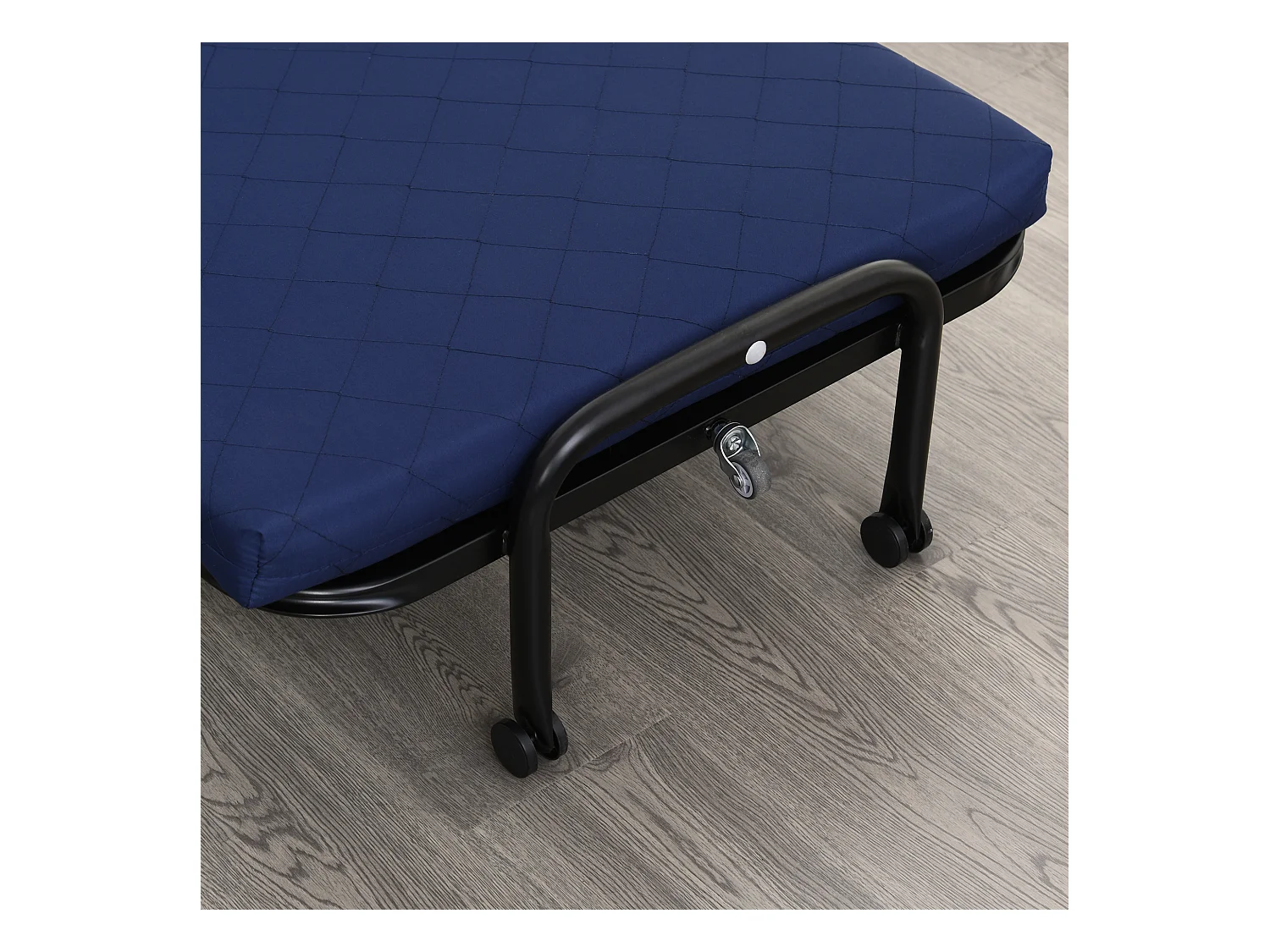 Lit d’appoint pliant 184x65x26cm en acier et mousse, tête réglable, roulettes, Bleu