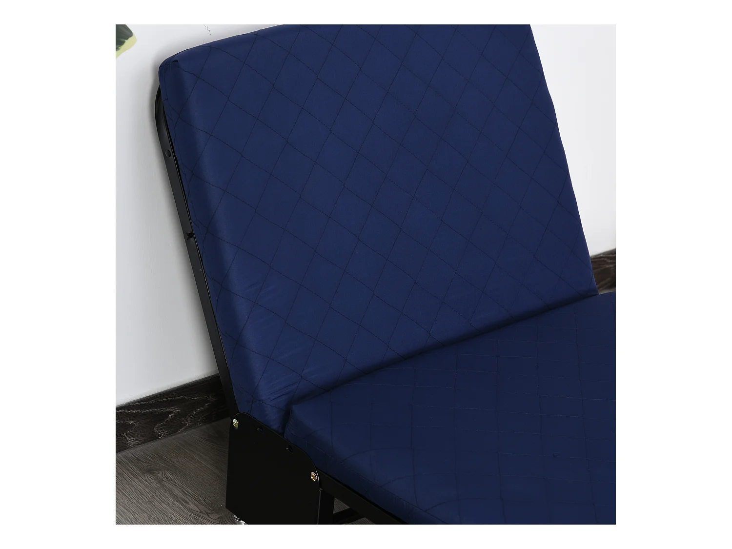 Lit d’appoint pliant 184x65x26cm en acier et mousse, tête réglable, roulettes, Bleu